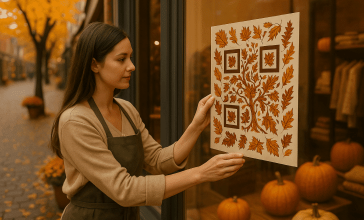 Shop owner placing a fall-themed QR Code poster on a store window