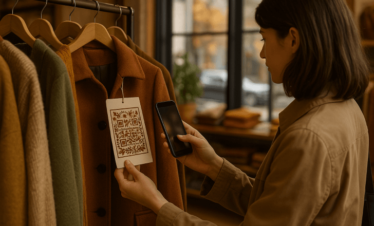 Shopper scanning an autumn-styled Artistic QR Code tag on a jacket in a boutique.