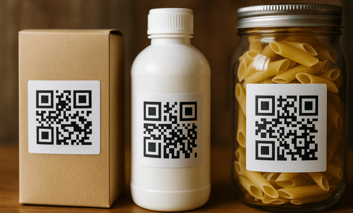 Six QR code cards with different color combinations displayed on a wooden surface