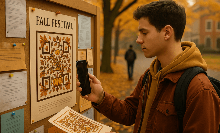 Student scanning a QR Code on a fall event flyer at a campus board