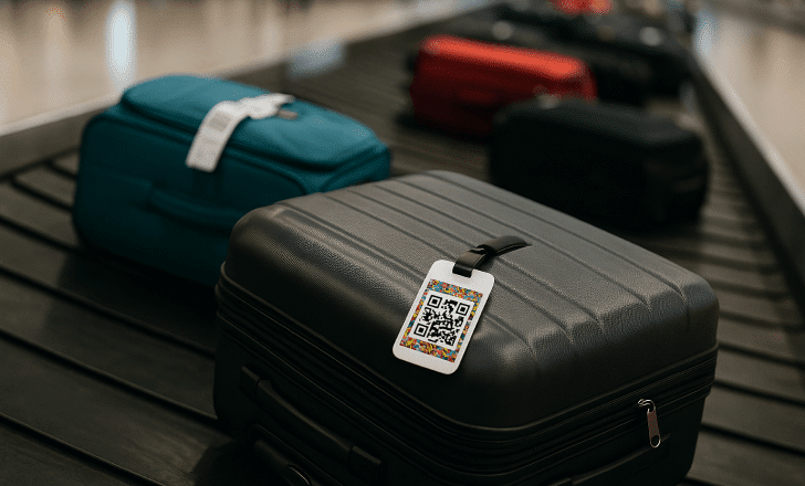 Suitcases on an airport baggage claim carousel, with a few bags showing QR code luggage tags prominently.