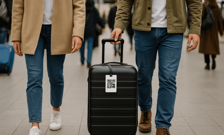 Travelers walking through an airport with a suitcase displaying a QR code luggage tag.