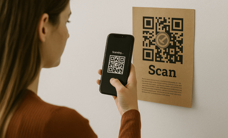Young woman scanning a flyer with a watermark QR code printed on kraft paper attached to a wall