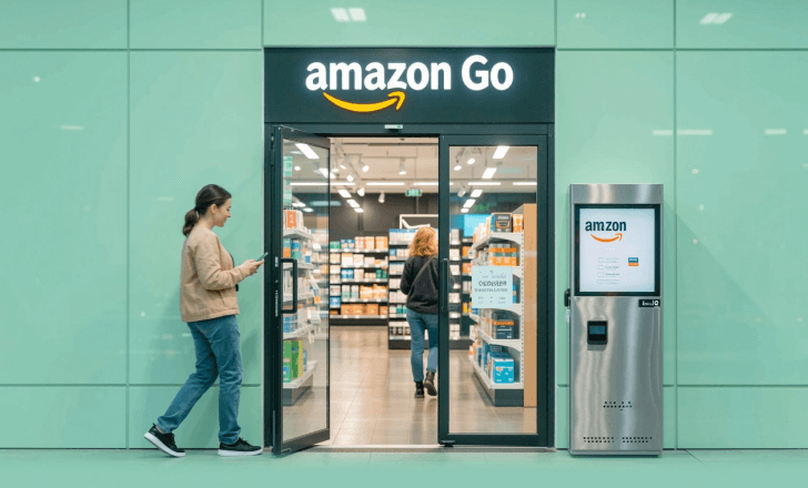 Customer entering Amazon Go after scanning QR code on phone.