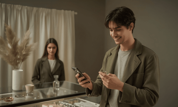 Customer scanning QR code at local shop counter