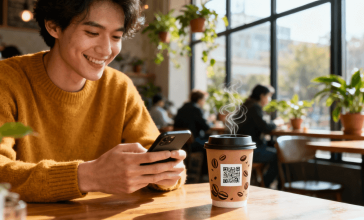 Customer scanning a coffee cup QR to access a loyalty app instantly.