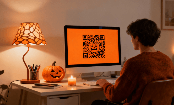 Designer creating an artistic Halloween QR code on laptop surrounded by pumpkins