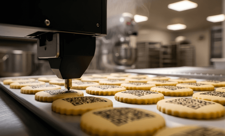Edible QR codes being printed on cookies in a kitchen.