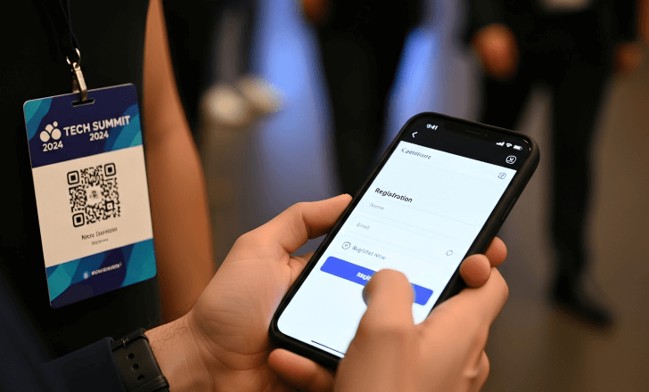 Event attendee scanning badge QR to open event app registration page.