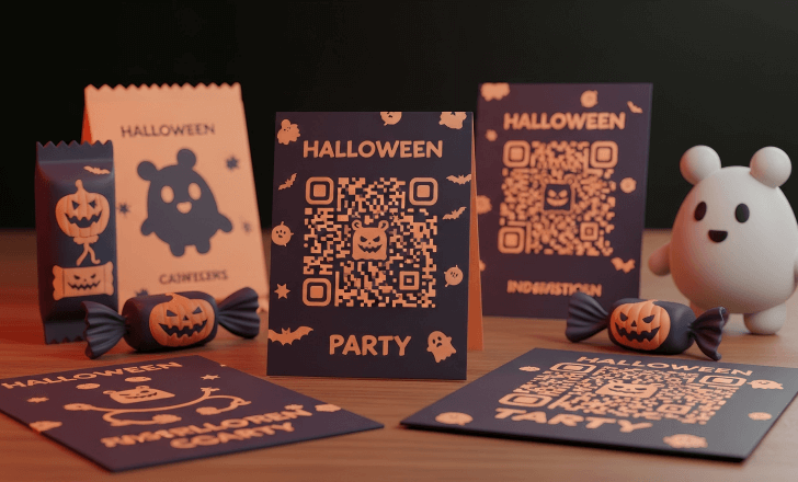 Halloween promotional flyers and candy wrappers featuring artistic QR code designs