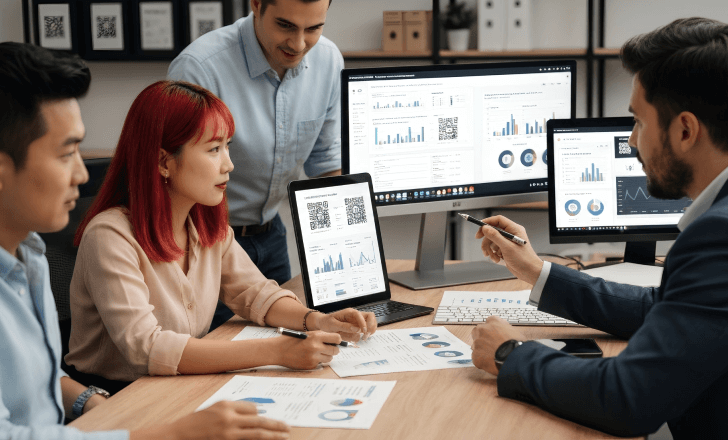 Marketing team analyzing deep link QR code campaign data on digital dashboards.