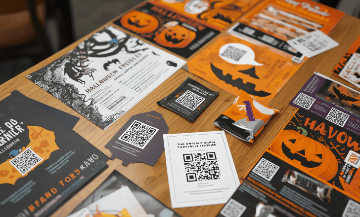 Printed Halloween marketing materials showing various artistic QR code designs