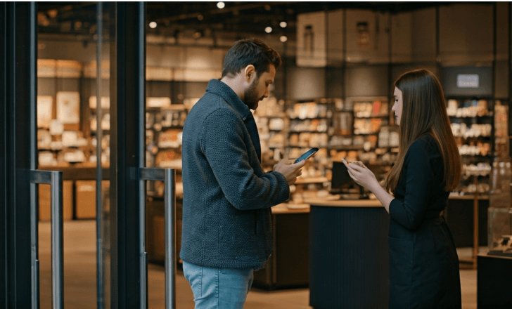Shopper getting help at Amazon Go entrance when QR code fails to scan