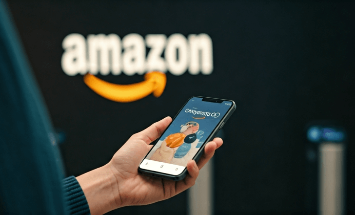 Shopper holding phone near Amazon Go gate ready to scan QR code