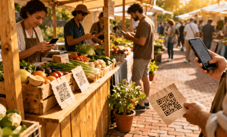 Shoppers exploring products with edible QR codes at a market.