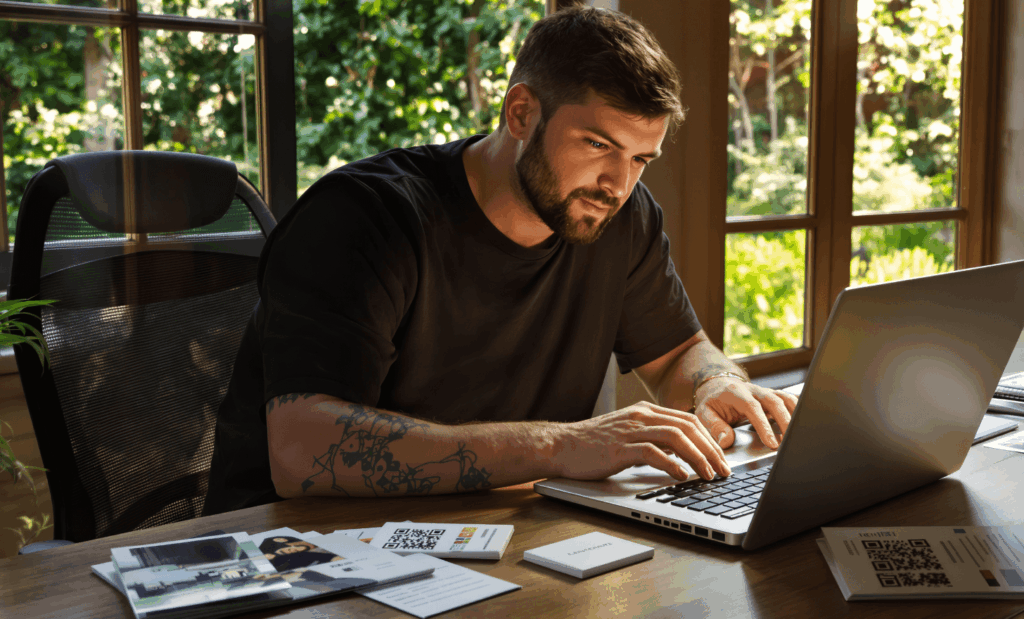 Small business owner updating an active QR code link on laptop