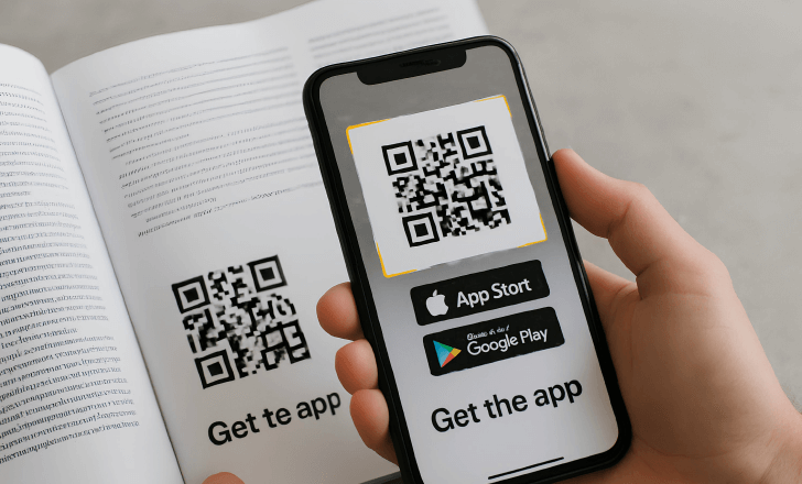 User scanning QR code showing app store download options on their phone.
