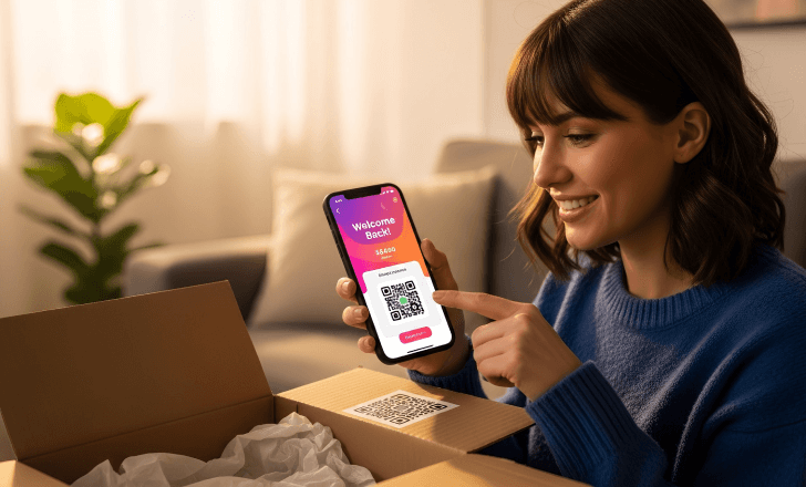 Woman scanning QR on delivery box to open a rewards app.