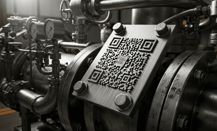 3D-printed QR-style plate mounted on industrial equipment.