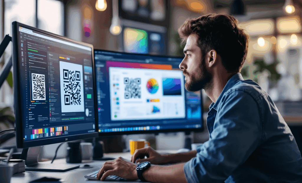 Designer customizing QR code with logo and brand colors on computer