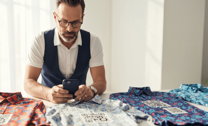 Designer testing the readability of printed QR codes on shirts
