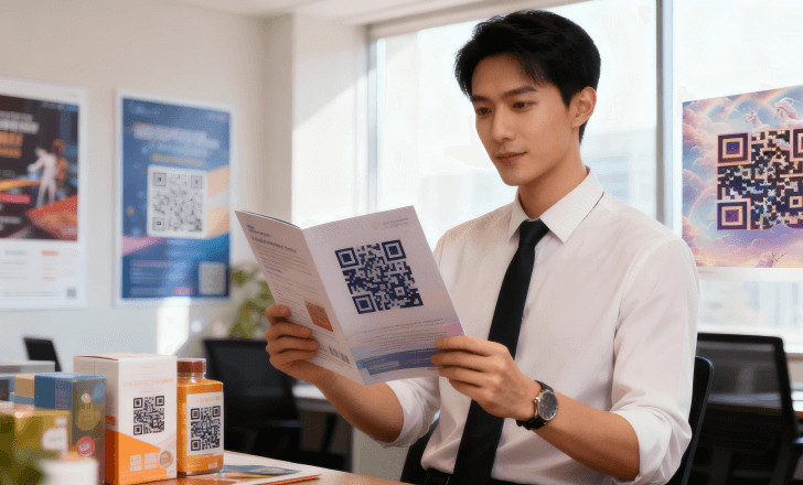 Marketer holding brochure with printed QR codes on marketing materials.