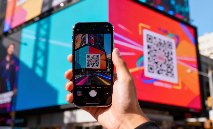Person scanning a QR code on a billboard to access a video promotion.