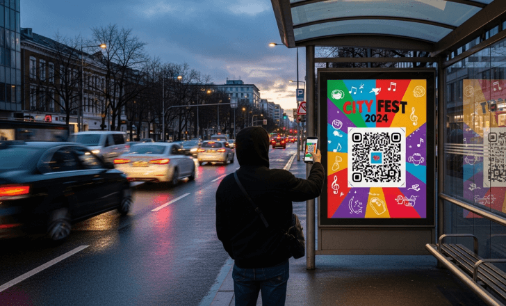 Person scanning a QR code poster at a city bus stop.
