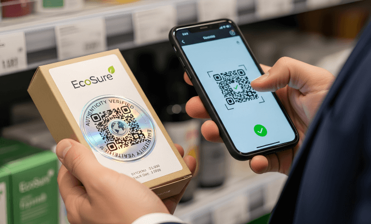 Person scanning a product QR code in a store for verification.