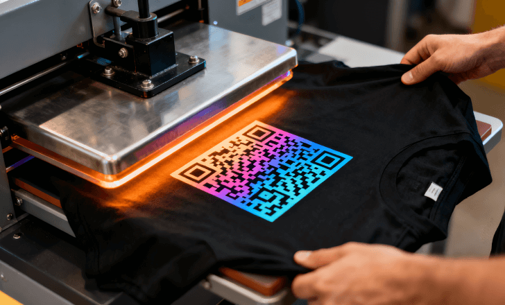 Person using heat press to transfer a QR design onto a shirt.