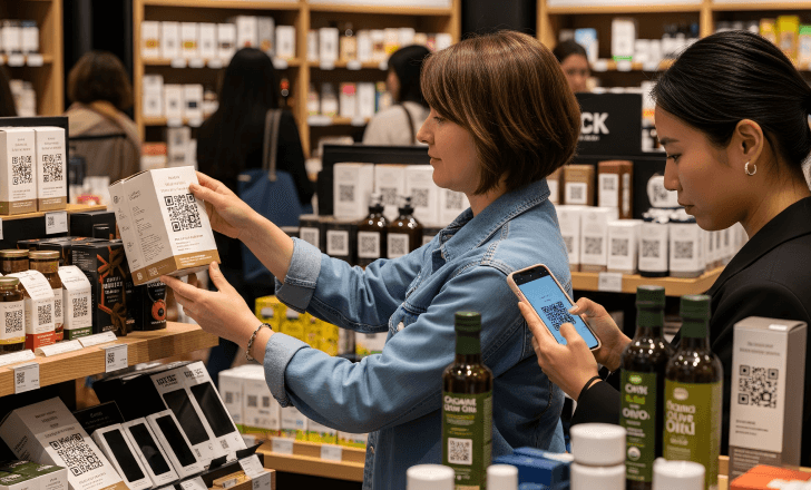 Shoppers interacting with QR codes on commercial product packaging.