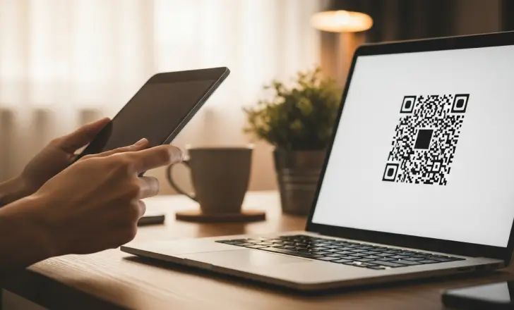 User scanning a QR code with a tablet after a phone failed to read it.