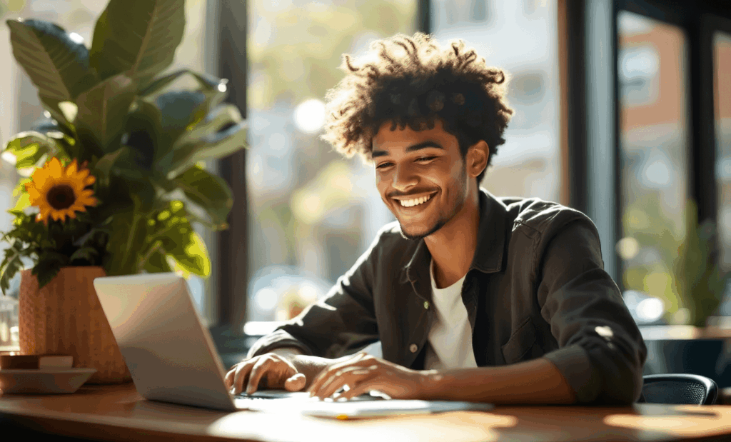 Young entrepreneur creating a free QR code on laptop at café